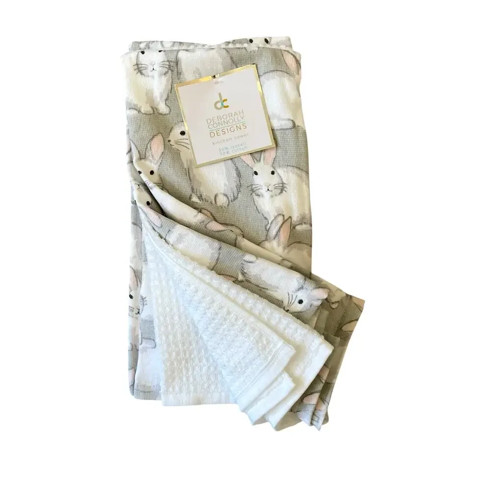 Deborah Connolly Easter Bunny Kitchen Towels 3pk White Gray Spring Decor New